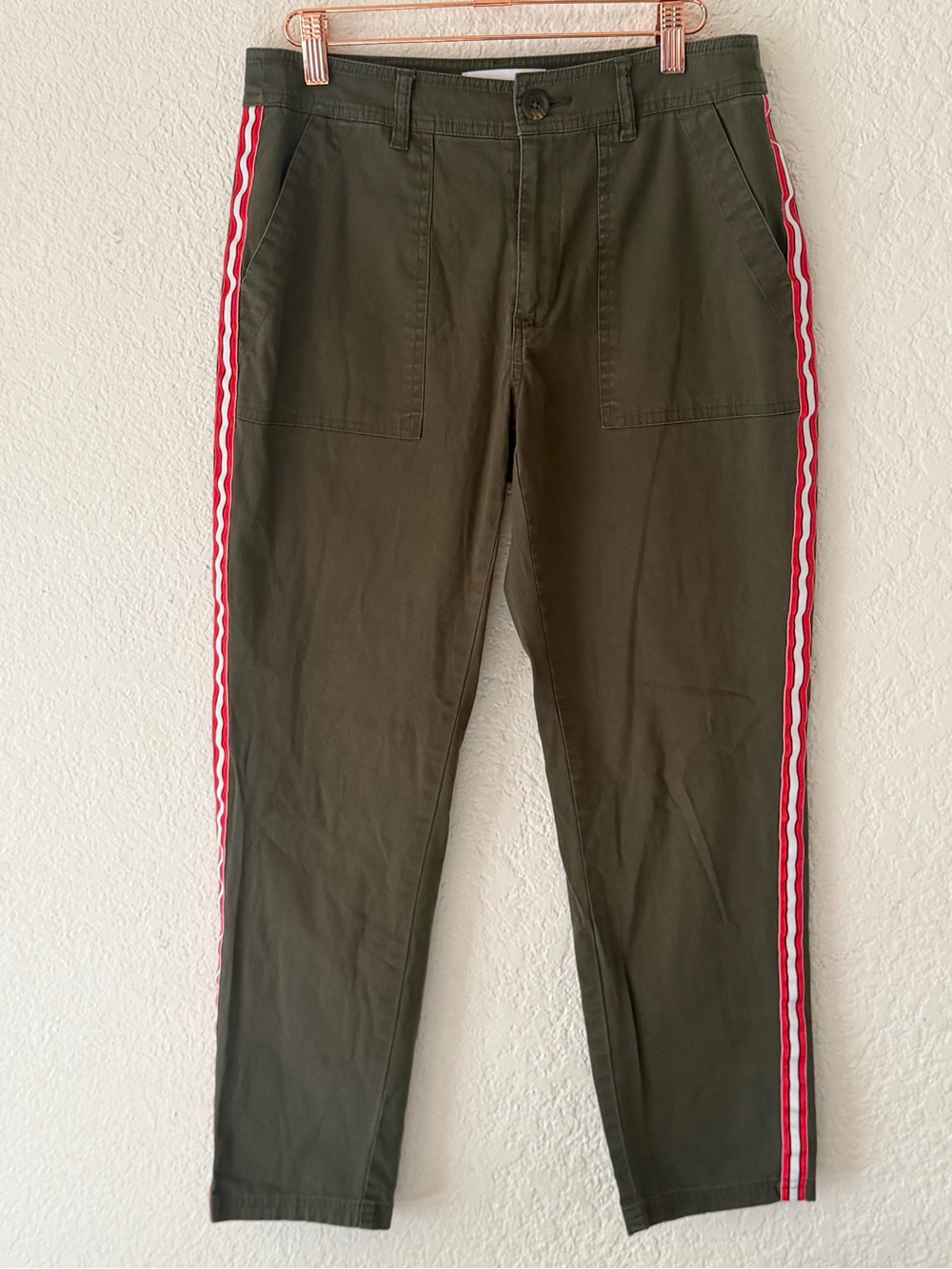 POPSUGAR Olive Green pants with Red and White Side Stripes